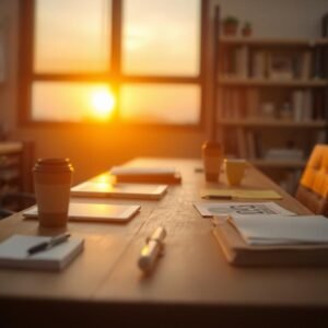Sunset illuminating a modern conference table with coffee cups, notebooks, and devices.